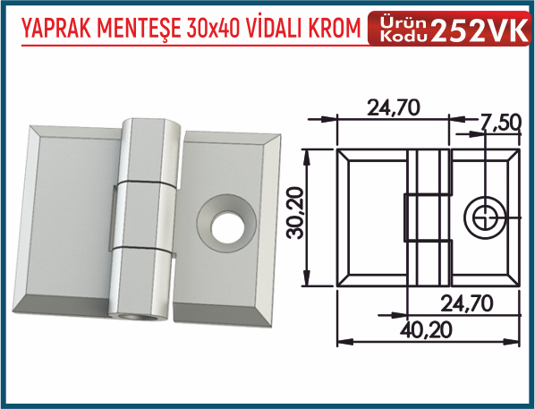 Yaprak Menteşe 30x40 Vidalı Krom